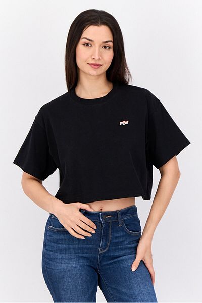 Esprit Women Crew Neck Short Sleeves Embroidered Cropped Tops, Black