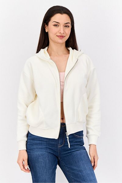 Esprit Women Hooded Textured Long Sleeves Full Zip Sweatshirt, White