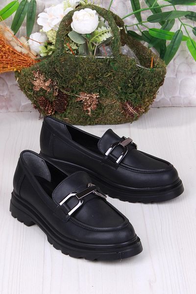 fort 35810 Black Skin Buckle Detailed Comfortable Loafer Women's Shoes
