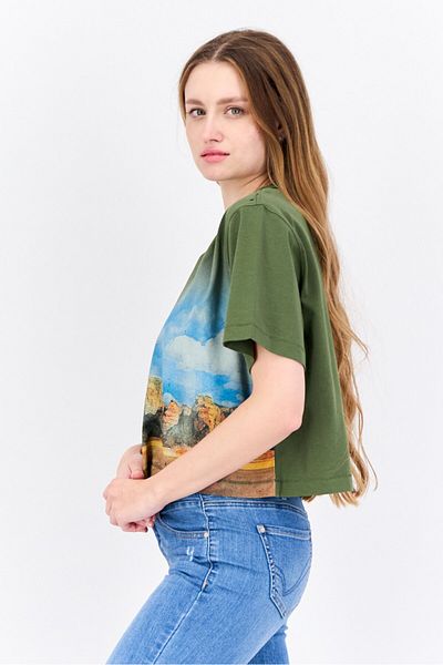 Esprit Women Oversized Crew Neck Short Sleeves Graphic Print Crop Top, Olive
