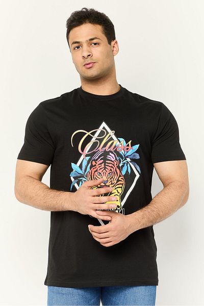 Cavalli Class Men Crew Neck Short Sleeve Graphic Print T-shirts, Black