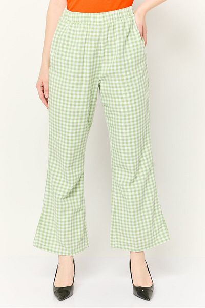 AMERICAN EAGLE Women Regular Fit Gingham Pattern Wide Leg Pants, Green