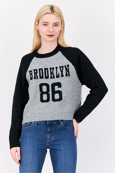 No Comment Women Crew Neck Embroidered Long Sleeves Sweater, Grey