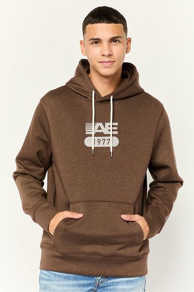 AMERICAN EAGLE Men Graphic Long Sleeve Hooded Sweatshirt, Brown