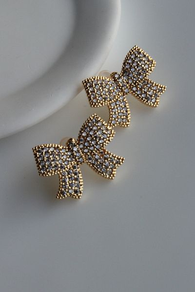 Leo'Stone Premium Series - Zircon Stone Plated, Bow Model, Non-Tarnish Stylish Design, Gold Color Women's Earrings