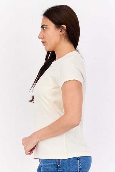 Esprit Women Crew Neck Short Sleeves Brand Logo T-shirts, Cream