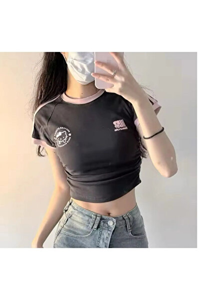 eyonnwear Trend Μαύρο Ροζ Crop T-shirt Κοντομάνικο T-shirt Κοντό μανίκι