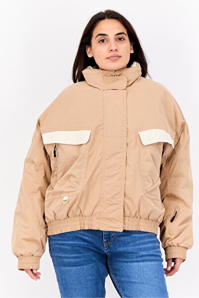 Asos 4505 جاكيت بومبر سادة برقبة عالية للنساء، بني فاتح