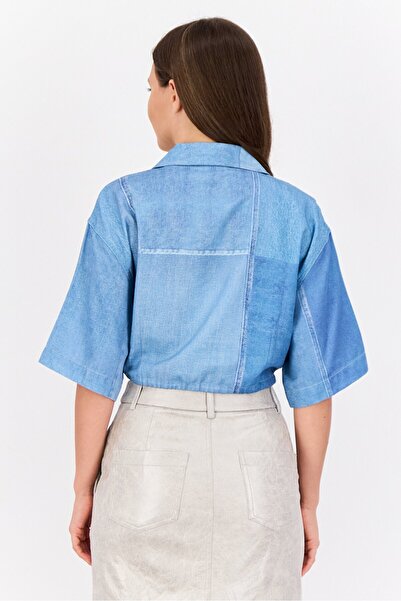 Esprit Women Noched Collar Short Sleeve Washed Blouse, Blue