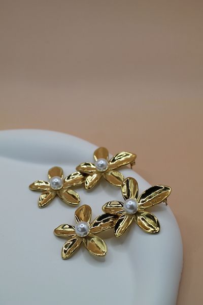 Luvix Design Pearl Detailed Gold Color Flower Steel Earrings