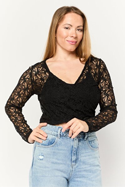 Don't Call Me Jennyfer Women V-Neck Long Sleeve Mesh Top, Black