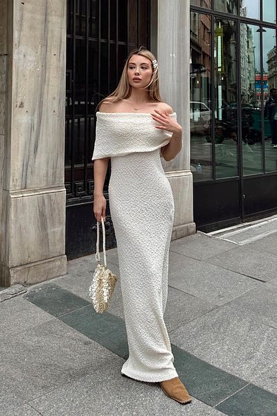Swist Beige Open Shoulder Madonna Collar Embossed Detail Women's Midi Dress