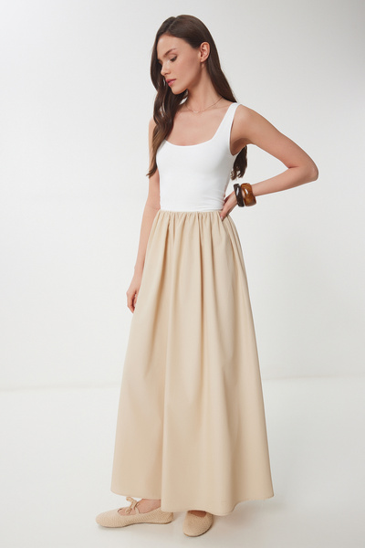 Lovelyİstanbul Φόρεμα αντίθεσης με ελαστικό πλεκτό τοπ και φούστα ποπλίνα - LATTE BONE LFN0093