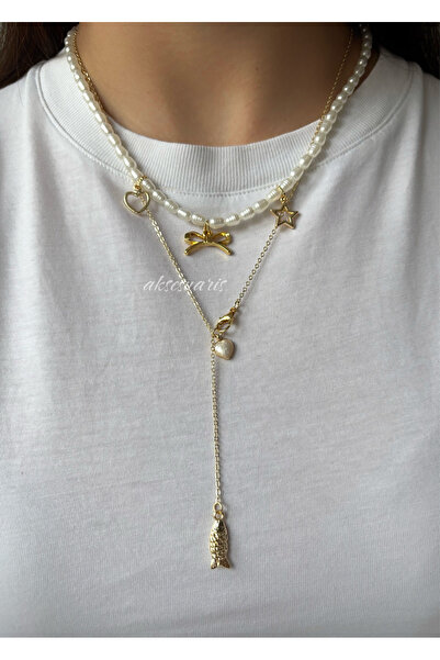 aksesuaris 2'li İnci Charm Dekolte Kolye Set