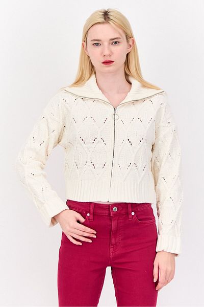 PİNK ROSE Women Turtle Neck Long Sleeves Pointelle Sweater, Off White