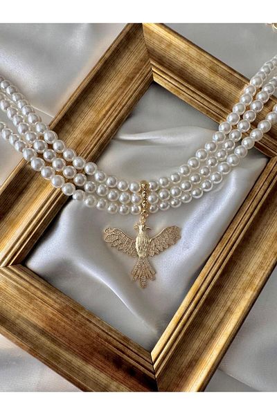 TAKIMOON Three Row Gold Phoenix Detailed Choker Pearl Necklace