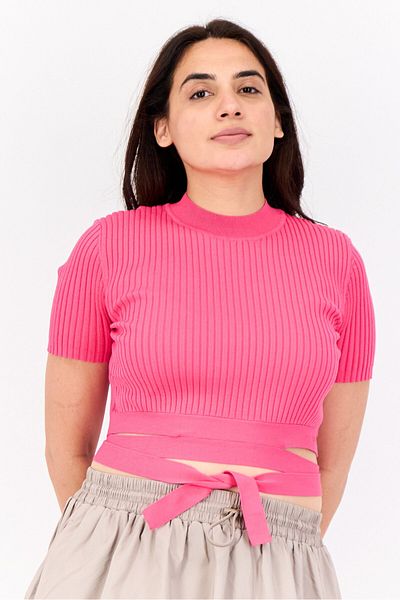 Esprit Women Mock Neck Short Sleeve Textured Top, Pink
