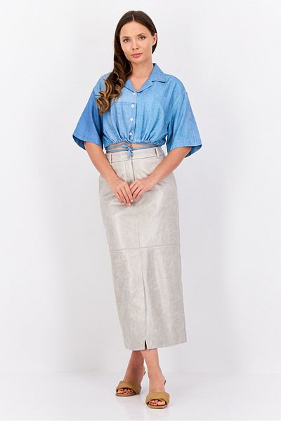 Esprit Women Noched Collar Short Sleeve Washed Blouse, Blue