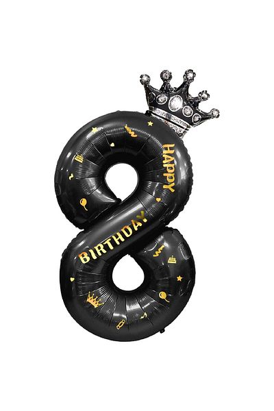 Flippy Balon Flippy, Cifra si Coroana, Scris Happy Birthday, 100 cm, , Negru, Cifra 8