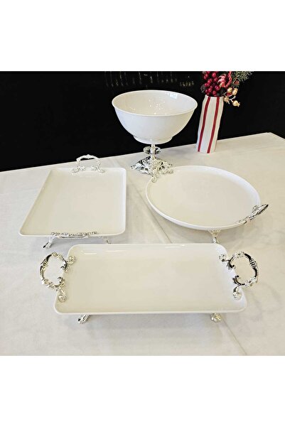 MaviDamla طقم تقديم بورسلان بأرجل فضية 4 قطع
