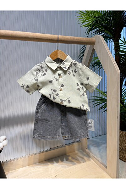Canbi Kids Baby Boy Cotton Branching Shirt Smoked Elastic Waist Denim Shorts Set of 2