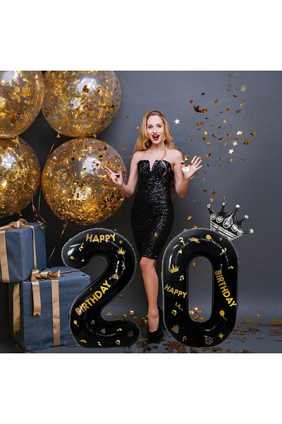 Flippy Balon Flippy, Cifra si Coroana, Scris Happy Birthday, 100 cm, , Negru, Cifra 0