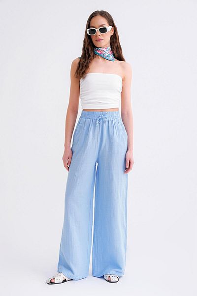 Mixray 4286 Pantaloni Palazzo de muselină cu talie elastică pentru femei Baby Blue