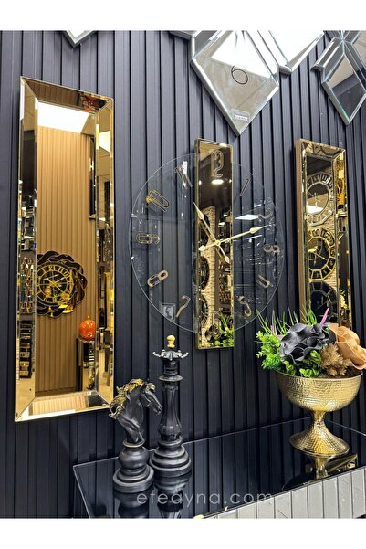 Efe Ayna ŞEFFAF DUVAR SAATİ-3'LÜ GOLD DUVAR SAATİ & YAN AYNA SETİ