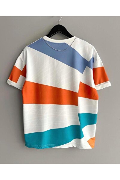 Baycombine35 تيشيرت رجالي أبيض اللون برتقالي منقوش برقبة دائرية كبيرة الحجم من بايرن