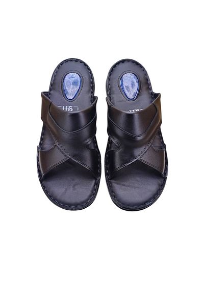 RubinLeather Men's Genuine Leather Slippers Orthopedic Soft Memory Foam Pouf Summer Slippers