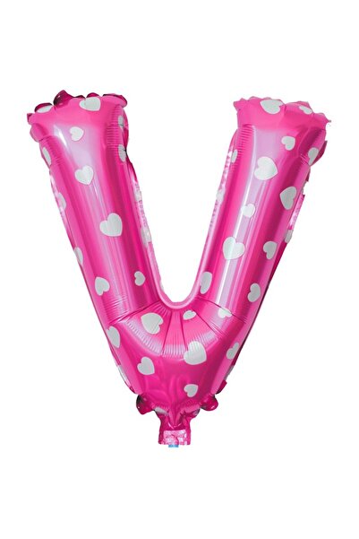 Flippy Balon Litera V, Flippy, 40 cm, Cu Imprimeu Inimioare, , Pai inclus, Roz