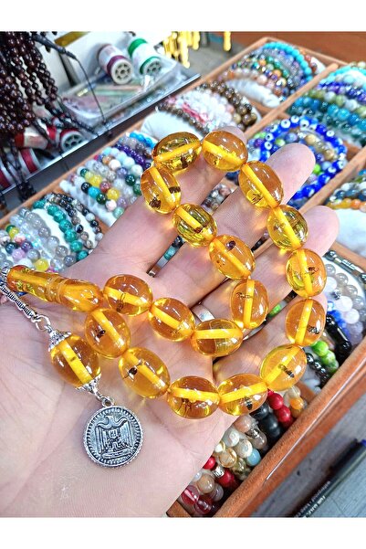 Doğaltaş Tesbihler 17 LIK EFE MODEL KEHRIBAR TESBIH KARINCALI MODEL 14 MM YENI FOSILLI MODEL KUTULU