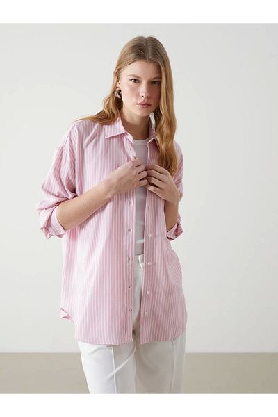 LC Waikiki Γυναικείο πουκάμισο Xside Pink ριγέ λινό μείγμα