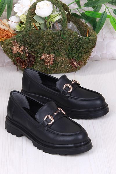 fort 35809 Black Skin Buckle Detailed Comfortable Loafer Women's Shoes