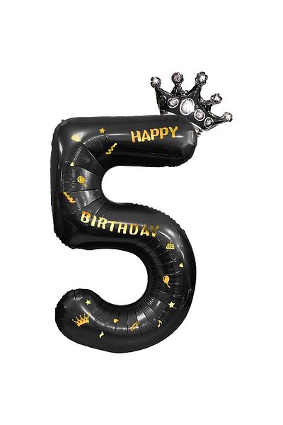Flippy Balon Flippy, Cifra si Coroana, Scris Happy Birthday, 100 cm, , Negru, Cifra 5