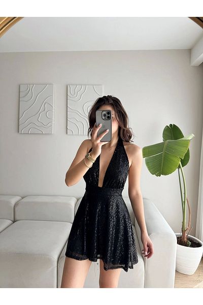 Zoom Butik Neck Tie Sequin Sequin Dress - Black