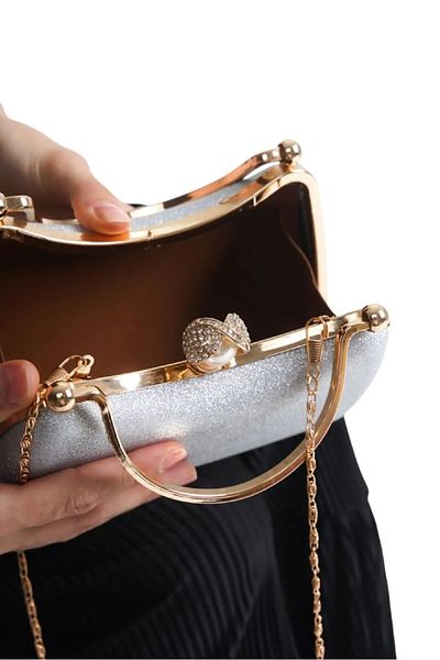 Famels Women's Kumsim Stone Detailed Silver/Gold Evening Dress Bag Pearl Unlocking