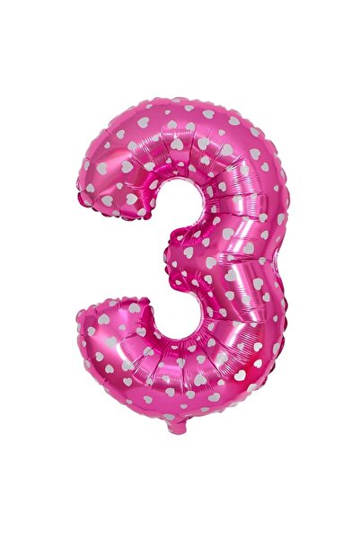 Flippy Balon folie metalică, numărul 3, imprimeu inimă, 80 cm, roz, pai inclus
