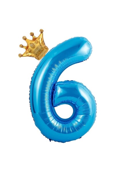 Flippy Balon folie numărul 6 cu coroană, 100 cm, albastru