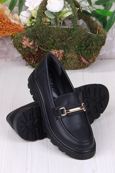 fort 35822 Black Skin Buckle Detailed Comfortable Loafer Women's Shoes