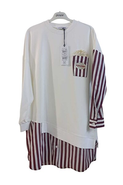 Puane Kadın Asimetrik Kesim Cep Üzeri İncili Popcorn Yazılı Cep DetaylıTunik 106510