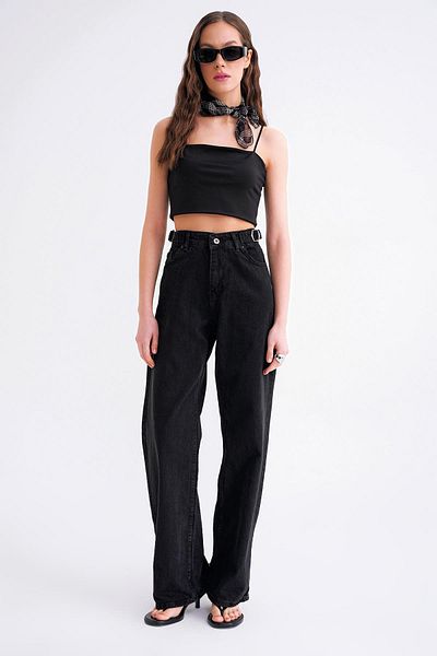 Mixray Women's 2006 so Buckle Loose Cut Wide Leg Black Jeans