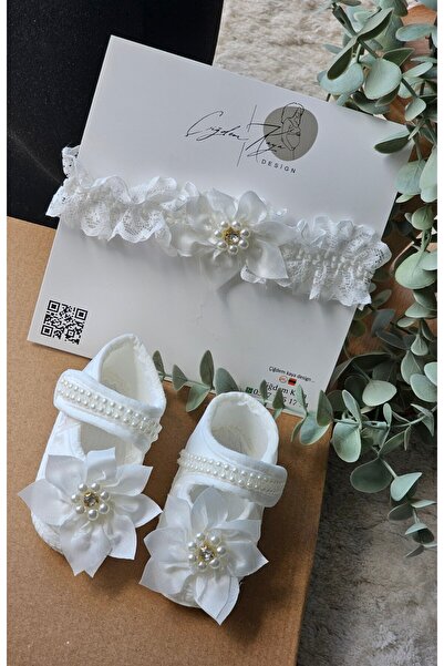 çiğdem kaya design Incili bebek patik ve dantelli bebek saçbandı