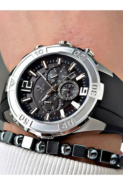 Fiesta Black Color Sport Silicone Steel Case Men Wrist Watch + Bracelet