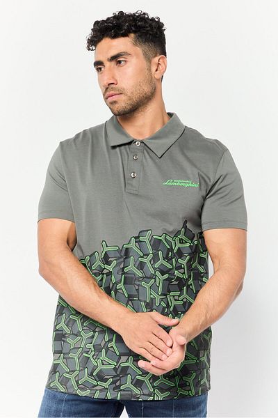 Lamborghini Men Regular Fit Graphic Print Short Sleeve Polo Shirts, Grey
