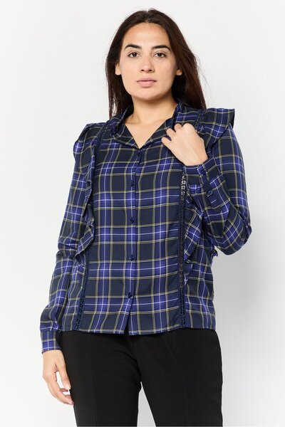 Harmont & Blaine Women Crew Neck Plaid Shirt, Dark Blue