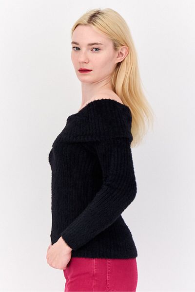 PİNK ROSE Women Off-shoulder Textured Sweater, Black