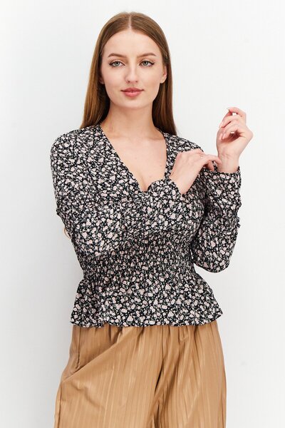 IN THE STYLE Women Plunging Neck Ruffle Sleeve Floral Print Blouse Top, Multi...