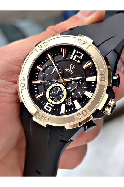 Fiesta Black Color Sport Silicone Steel Case Men Wrist Watch + Bracelet