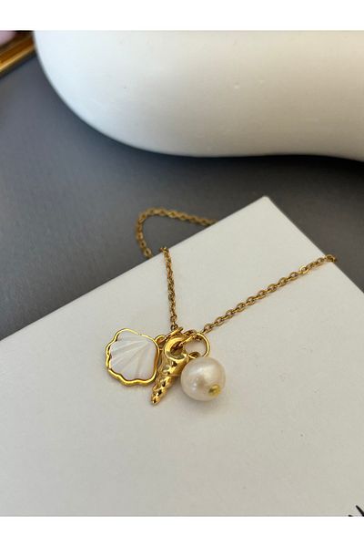 AccSWEN Natural Real Pearl Necklace with Charms Sea Shell Theme Steel